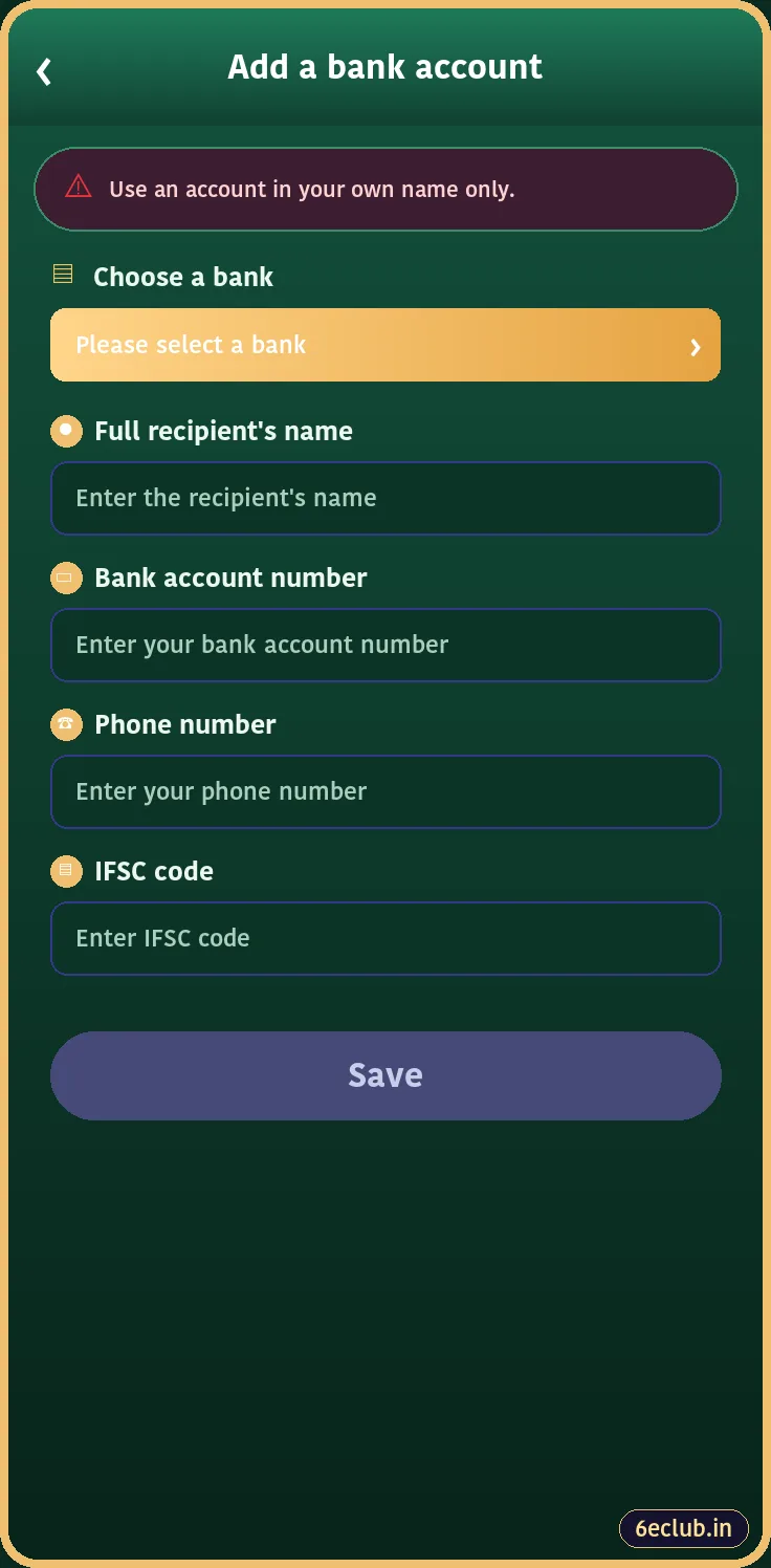 6E Club add bank account