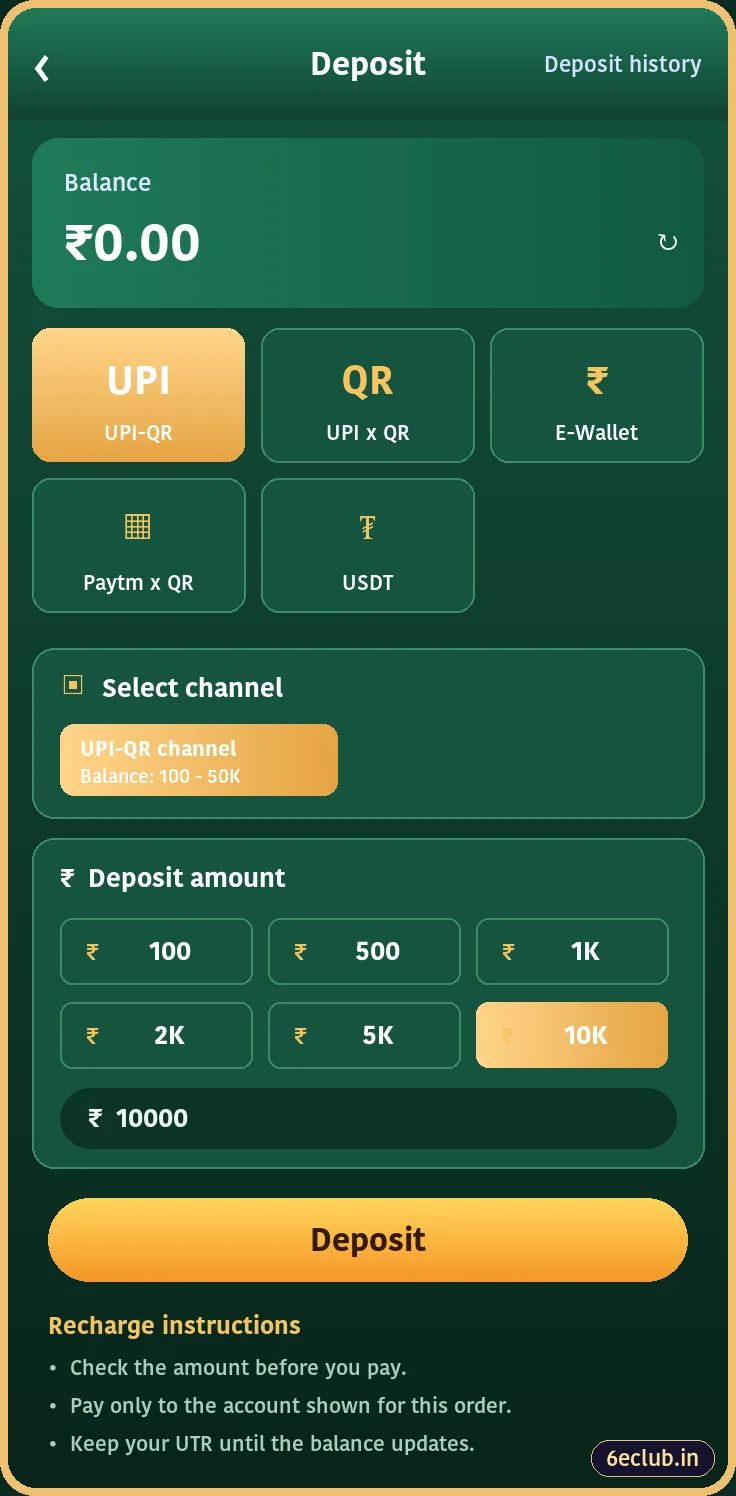6E Club deposit screen