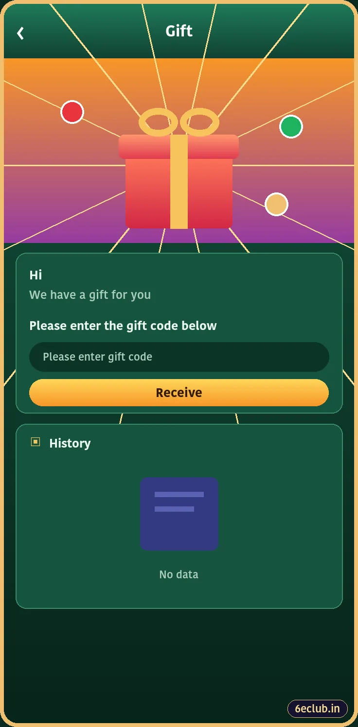 6E Club gift code screen