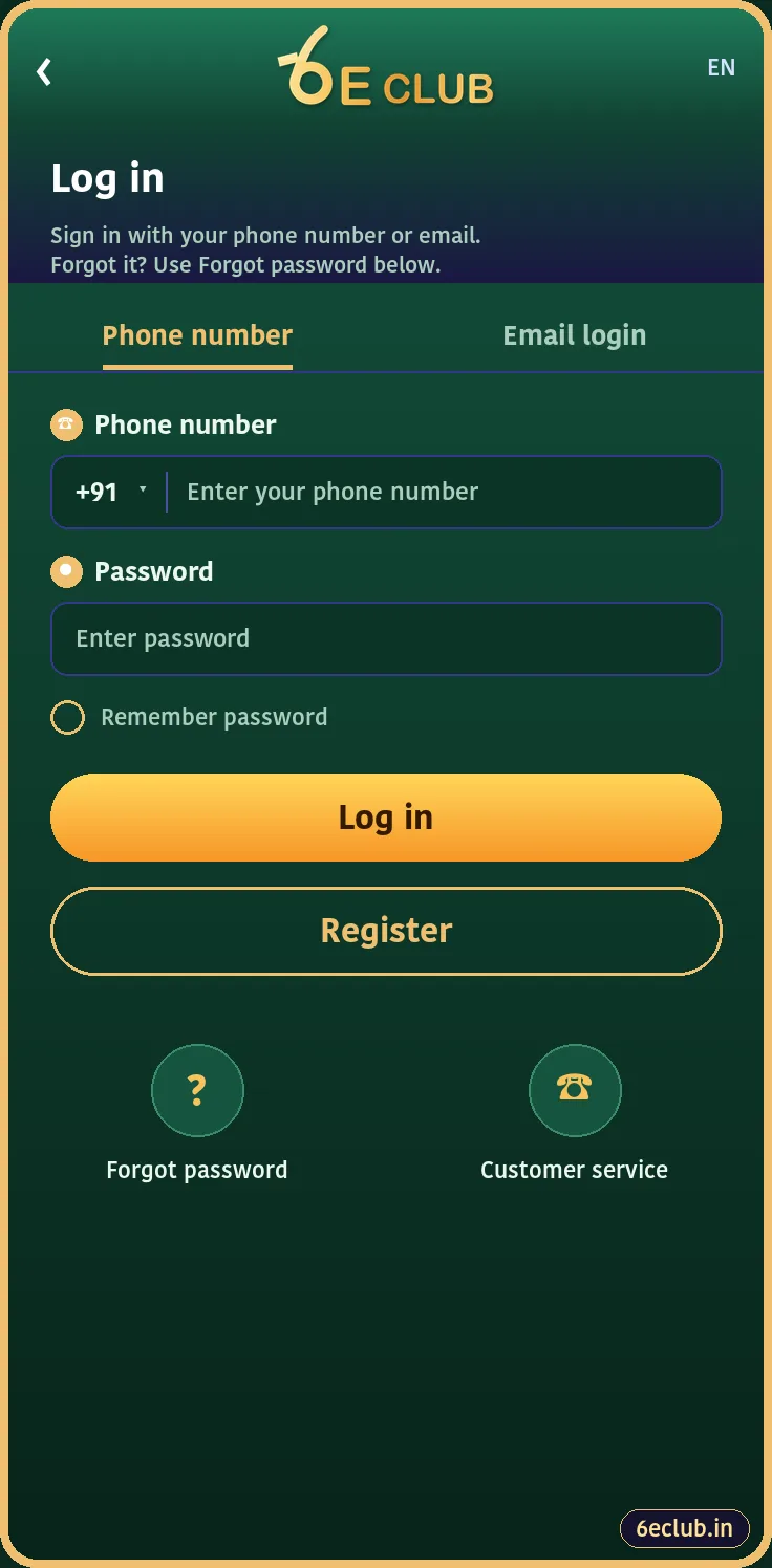 6eclub login screen