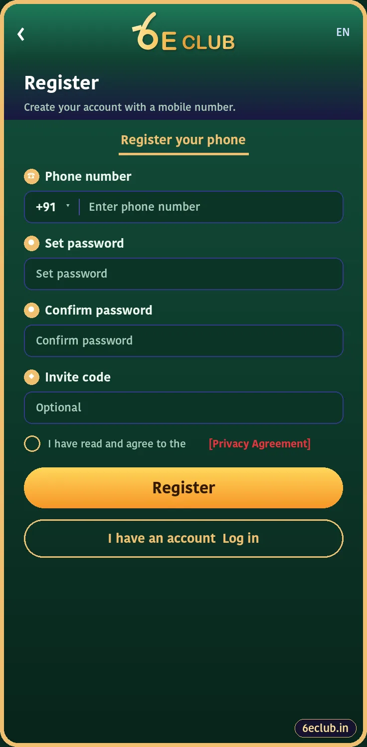 6E Club register screen